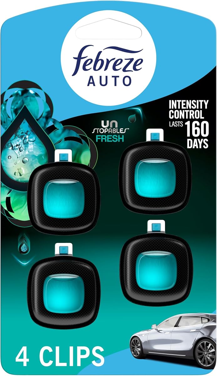 Febreze Ambientador para automóvil, clip de ventilación automotriz que combate el olor, accesorios perfumados para automóvil, de larga duración para olores fuertes, aroma fresco im