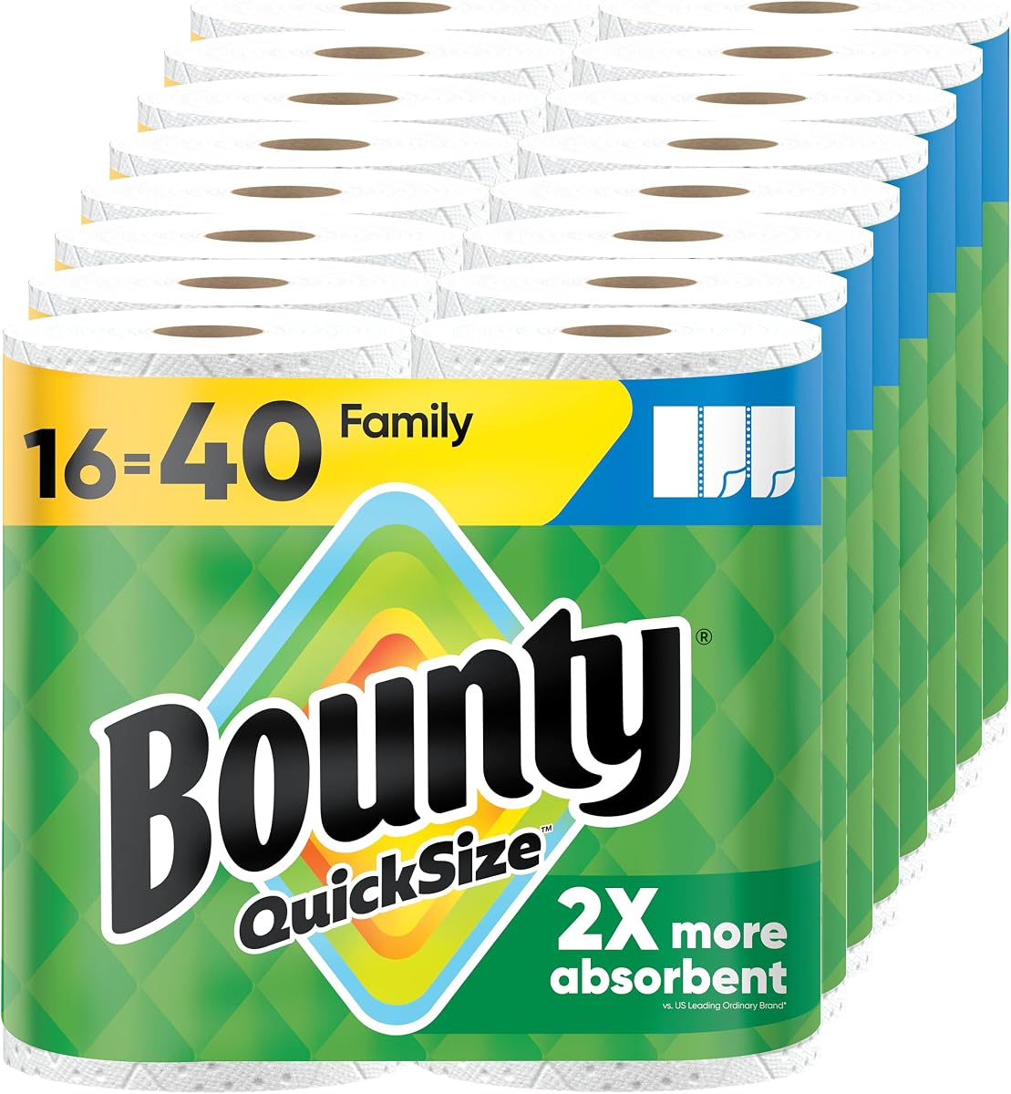 Bounty Toallas de papel de tamaño rápido, color blanco, 16 rollos familiares = 40 rollos regulares