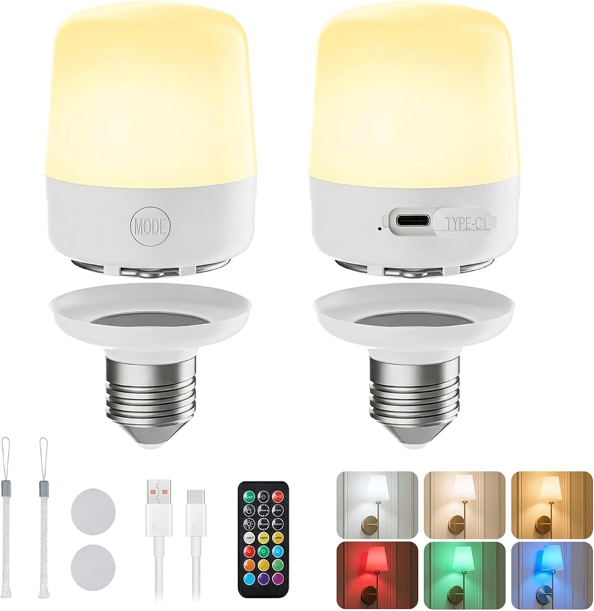 Minetom Bombillas Recargables E26 con Control Remoto y Temporizador, Bombilla de Respaldo de Batería con 12 Colores y Brillo Regulable, 2300mAh Bombillas LED Equivalentes a 40W par