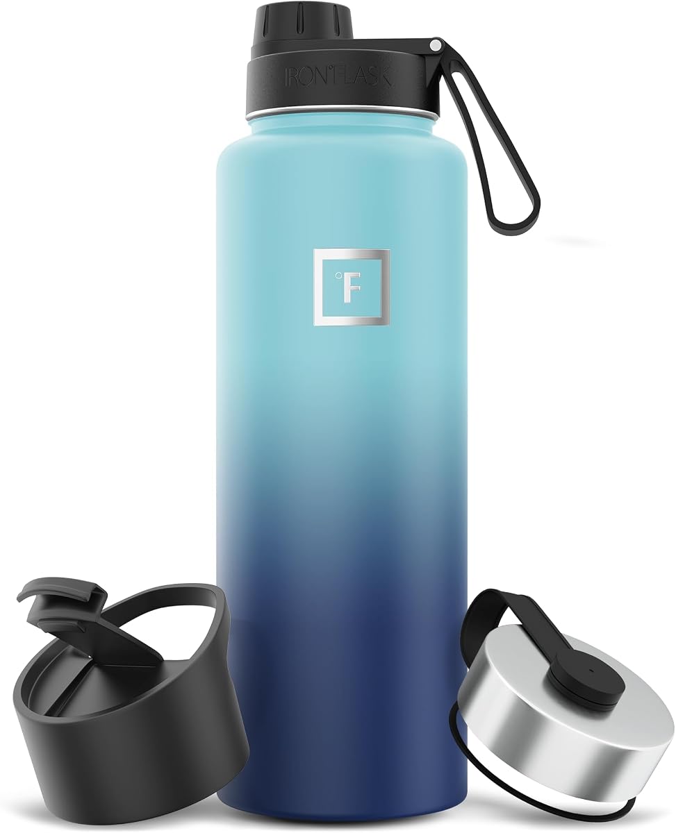 IRON °FLASK Frasco de hidratación para acampar y senderismo con boquilla, botella de agua deportiva de acero inoxidable con aislamiento de boca ancha, 40 onzas, olas azules