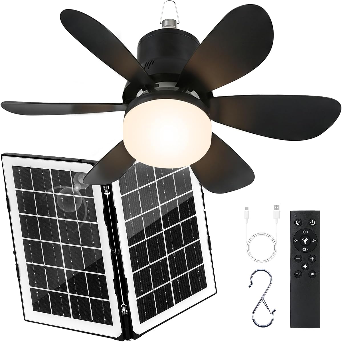 Ventilador de techo solar portátil con luces, ventilador de exterior de 18.5 pulgadas con panel solar plegable, control remoto continuo regulable, temporizador, 3 velocidades 30 dB