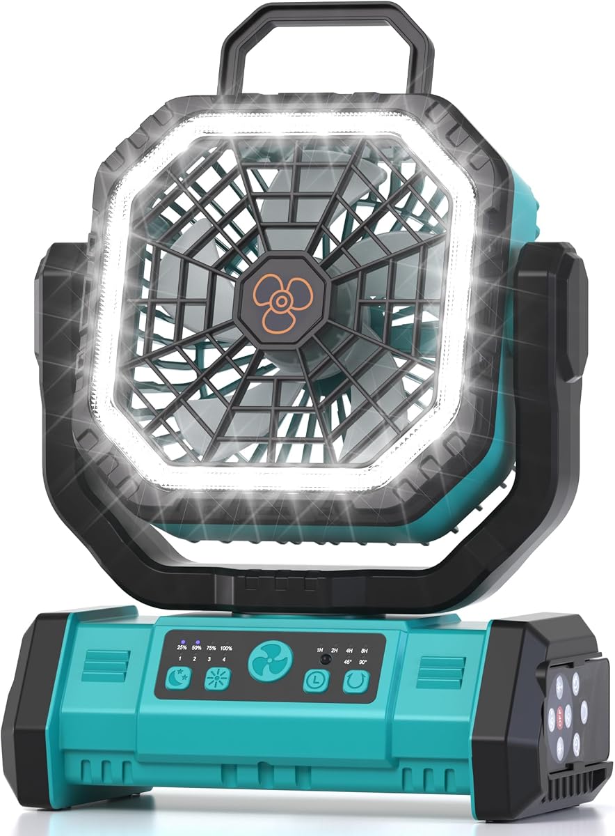 Honesorn Ventilador recargable portátil de 20000 mAh, ventilador de campamento con luz LED y control remoto, USB C inalámbrico alimentado por batería, temporizador de 4 velocidades