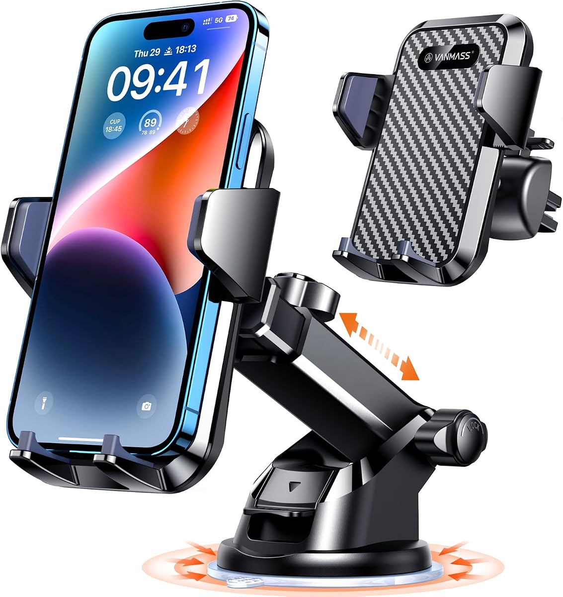 VANMASS Soporte para teléfono celular para automóvil, parabrisas, rejilla de ventilación de auto, con clip de ventilación y panel de tablero, fuerte succión adhesiva, soporte para