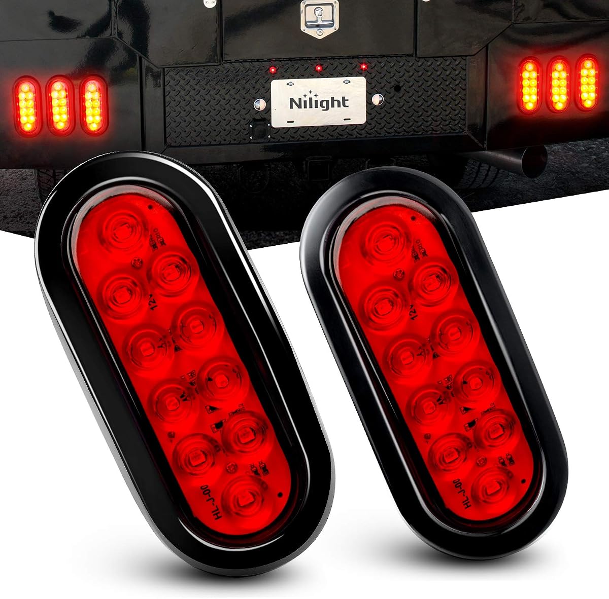 Nilight - TL-01 6" Oval Red LED Tail 2PCS w/Surface Mount Ojales Tapones IP65 Impermeable Parada Freno Giro Remolque Luces para RV Camión Jeep