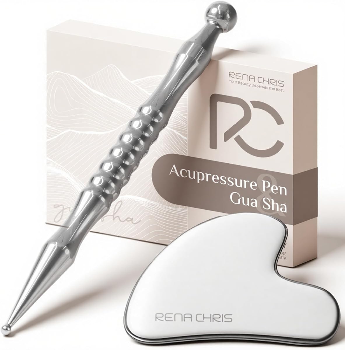 Rena Chris Pluma de acupuntura, herramientas manuales de reflexología para la tensión muscular y alivio del dolor, juego de pluma de acupresión y gua sha de acero inoxidable con ta