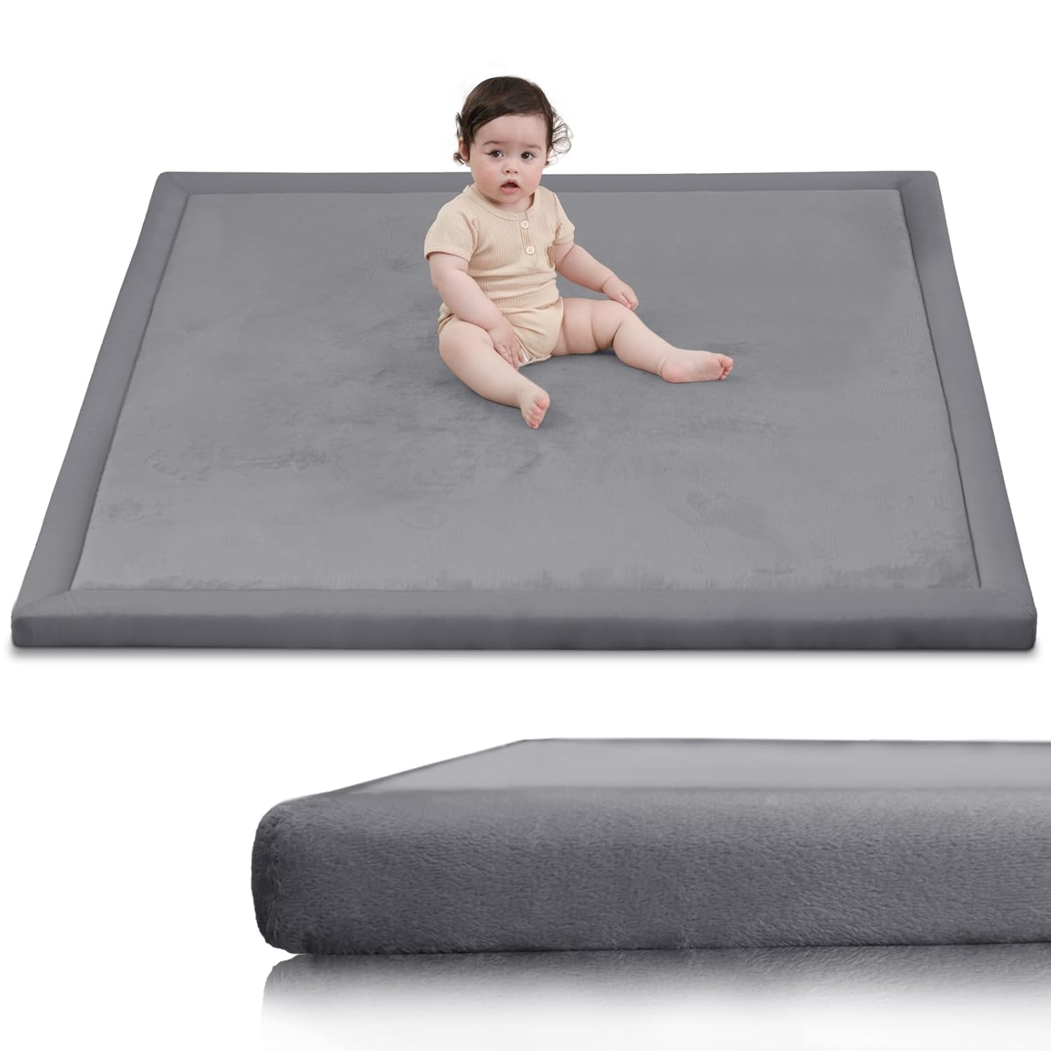 Huloo Sleep Tapete de juego ultra suave para el suelo para bebé, 1.3 pulgadas de grosor, espuma elástica de 50 x 50 pulgadas, tapete para corralito para niños pequeños, terciopelo