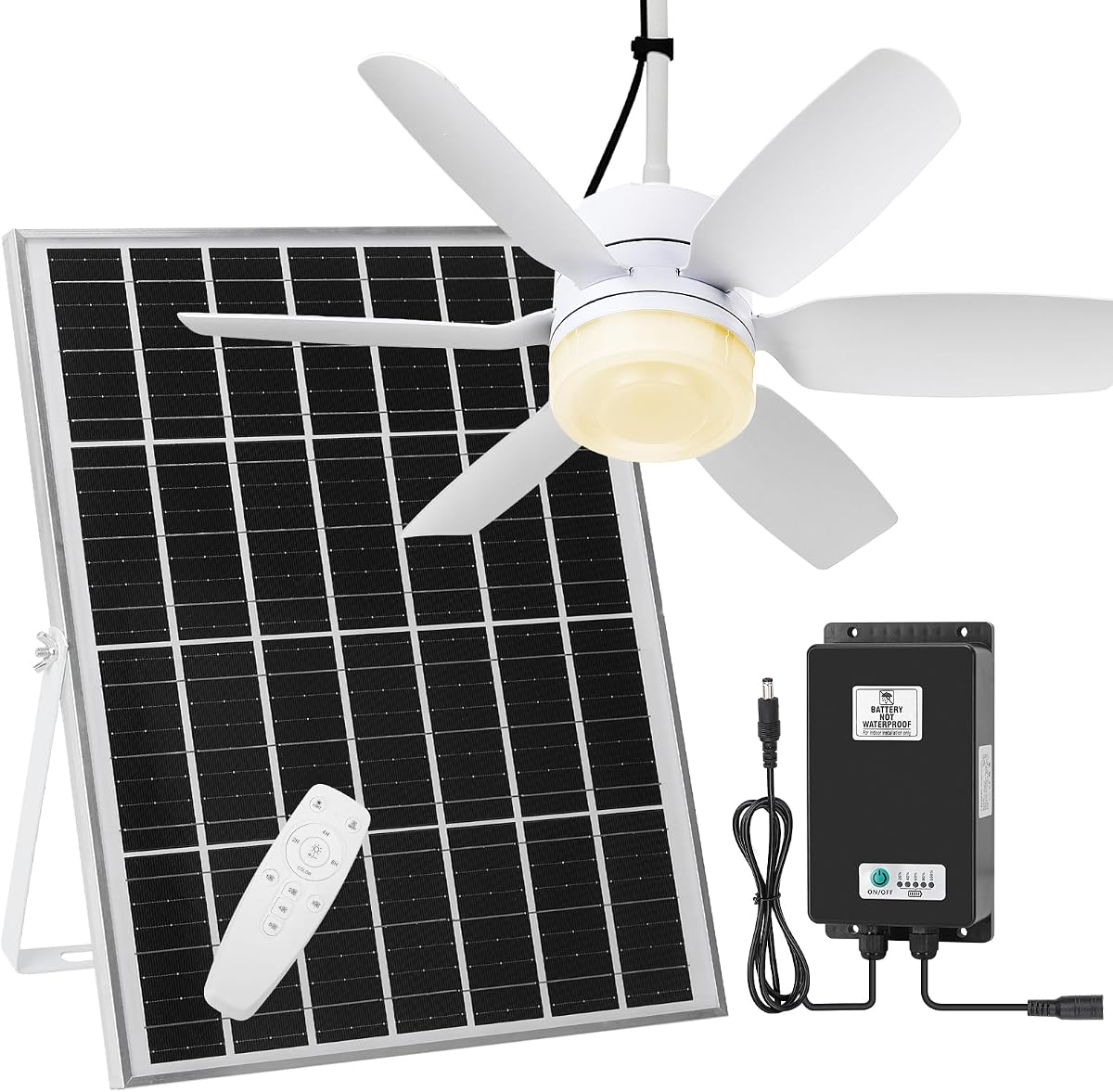 Fanspex Ventilador de techo recargable solar de 20.5 pulgadas con batería de respaldo, ventiladores colgantes de energía solar de 25 W para cenador al aire libre, gallinero, invern