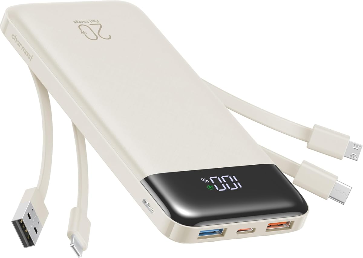 charmast - Cargador portátil de 20000 mAh con cables integrados, cargador de batería de viaje de 22.5 W, carga rápida, USB C para iPhone 17/16/15/14/13/12, iPad, Samsung, Android,