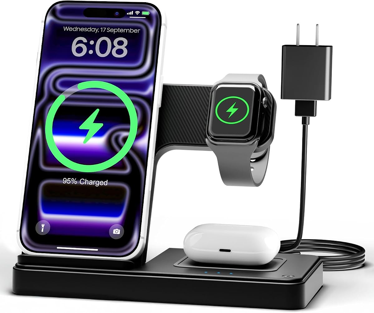 Estación de carga inalámbrica para iPhone: Soporte de cargador 3 en 1, múltiples dispositivos para Apple - iPhone 17 16e 16 15 14 Pro Max 13 12 11 - Watch 10 9 8 7 6 5 4 3 2 SE y U