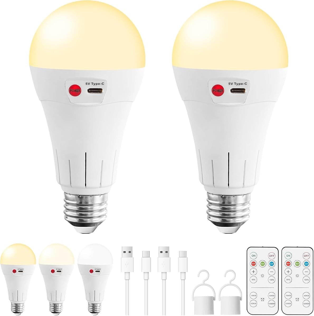 Vitnucrol Pack de 2 bombillas recargables con control remoto, bombilla LED inalámbrica E26 con batería para lámparas, 2600mAh con temporizador regulable A21 estándar