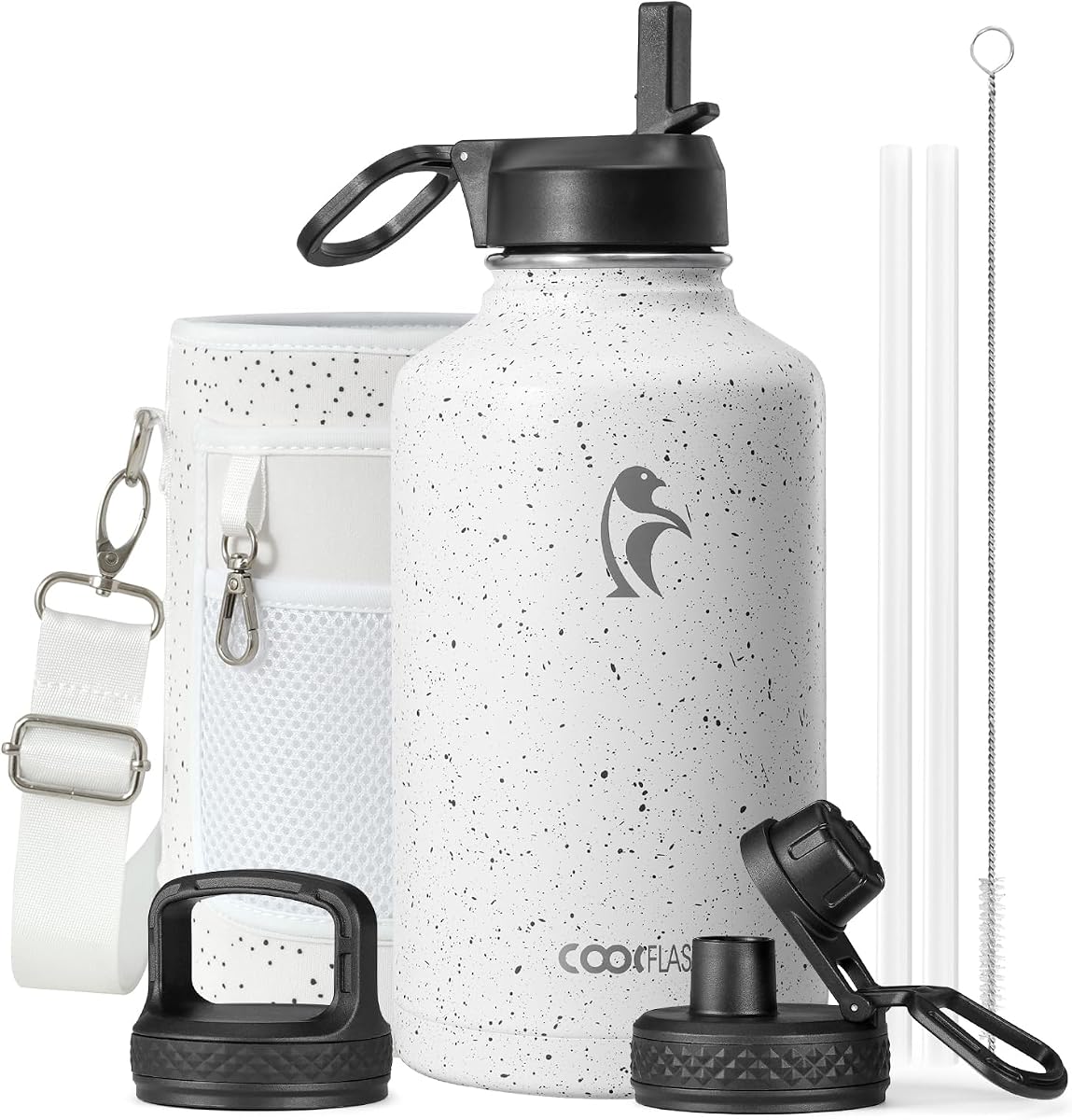 Coolflask - Botella de agua de 64 onzas, aislada, con popote y 3 tapas, con diseño Galaxy, de acero inoxidable al vacío, mantiene las bebidas frías por 48 h y calientes por 24 h, b
