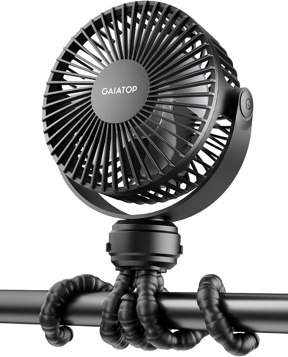 Gaiatop Mini ventilador portátil para cochecito, funciona con pilas, pequeño clip, desmontable de 3 velocidades recargable, gira 360°, trípode flexible de mejor refrigeración para