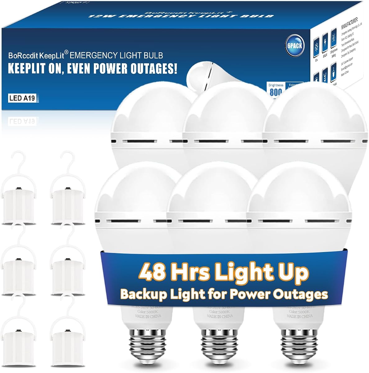 BoRccdit KeepLit Paquete de 6 Bombillas de Luz de Emergencia Recargables, 48 h de Larga Duración y 3 Niveles de Brillo, Bombilla de Luz con Batería de 12W 5000K