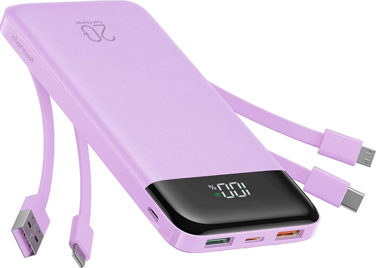 charmast Cargador portátil de 20000 mAh con cables integrados, cargador de batería de viaje de 22.5 W, carga rápida, batería USB C para iPhone 16/15/14/13/12/11 Series, iPad, Samsu