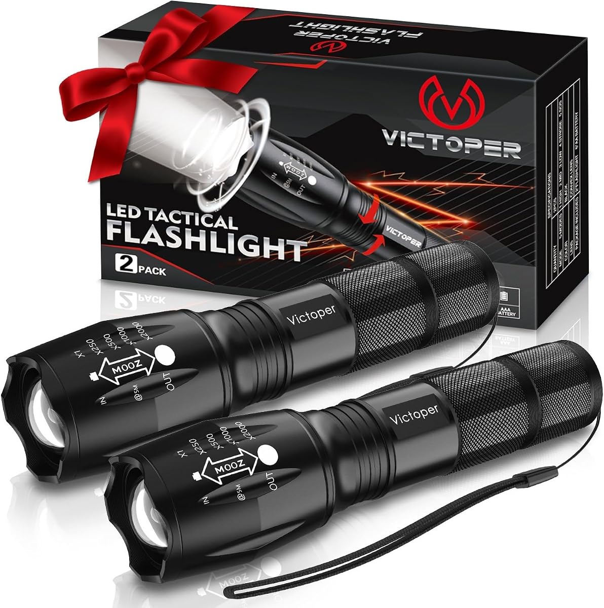Victoper Paquete de 2 linternas LED, linterna táctica brillante de alto lúmenes con 5 modos, luz de flash impermeable con zoom, regalos para hombres, artículos esenciales de caza y