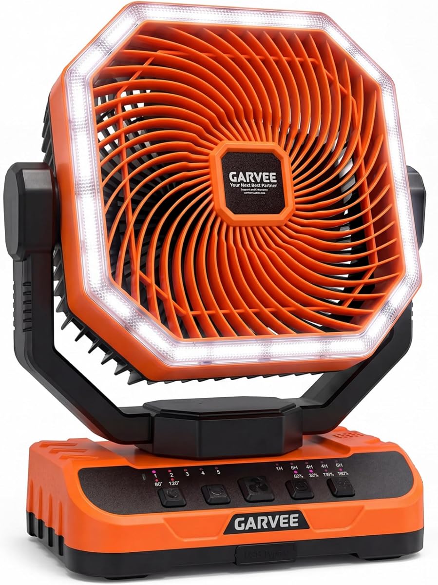 Garvee Portable Camping Fan, 40000mAh Rechargeable Battery Powered Fan, 20 ft Remote & Timer, 5 Speeds + 270°Rotatable Head + 360° Hook, LED Light for Outdoor Car, Tent, Travel, Ca