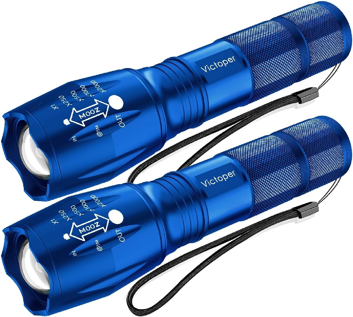 Victoper Paquete de 2 linternas LED azules, brillantes de alto lúmenes, linternas tácticas de alto lúmenes con 5 modos, luz de flash impermeable con zoom para exteriores, regalos p