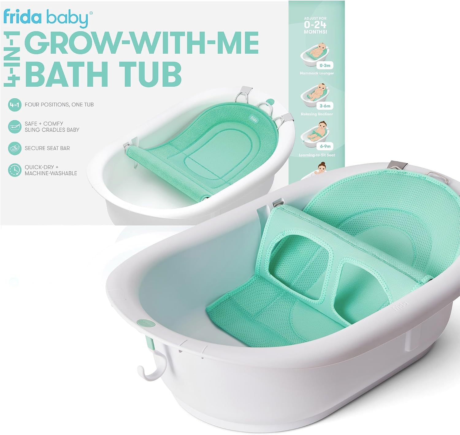 Frida Baby Bañera de bebé 4 en 1 Grow-with-Me, bañera para recién nacidos a niños pequeños con asiento de baño extraíble y respaldo para soporte de baño en la bañera