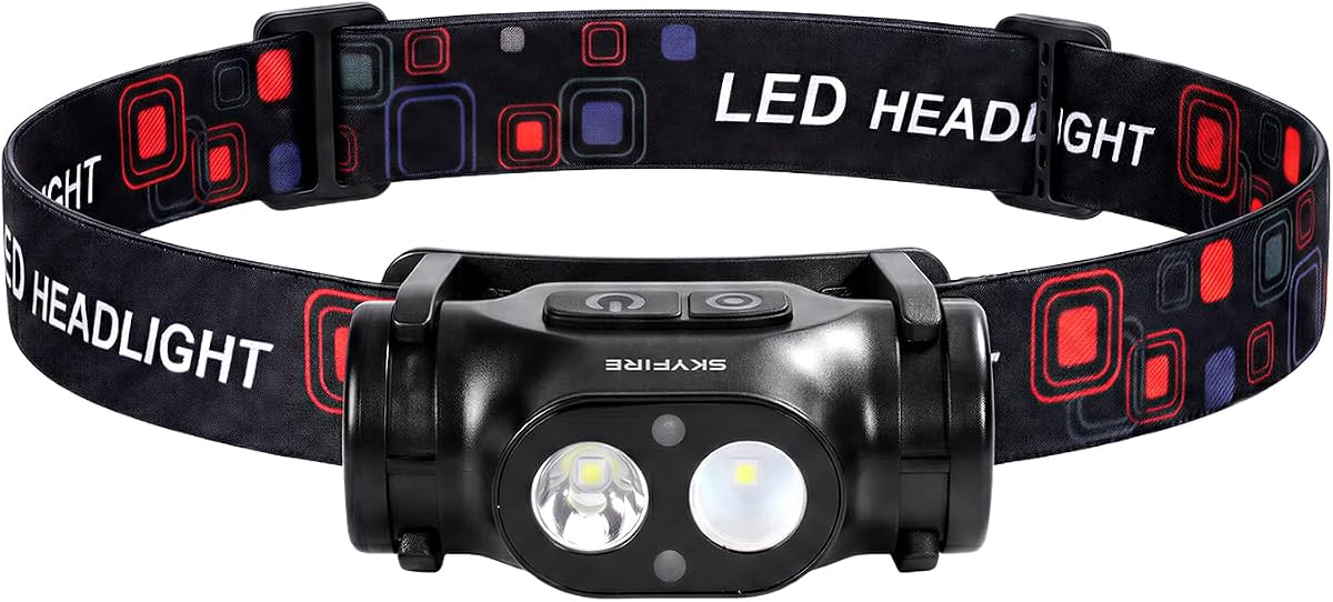 SKYFIRE Rechargeable Headlamp, Ultra Light High Lumen LED Head Lamp with Motion Sensor, USB-C Charging Dual Beam Headlight for Hard Hat Work, Camping, Running - Black