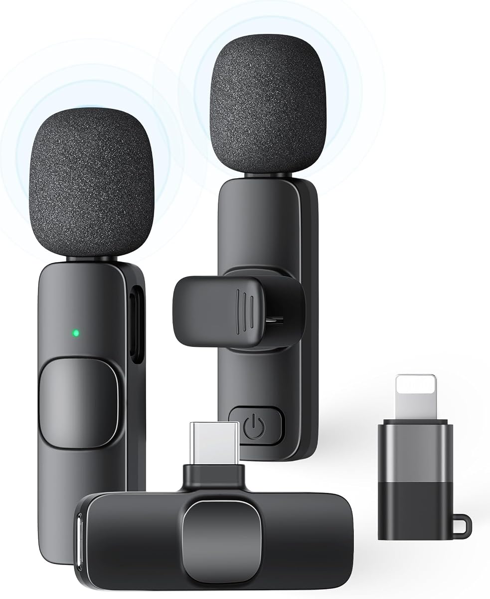 Paquete de 2 micrófonos de solapa inalámbricos para iPhone, iPad y teléfono Android, micrófono de solapa Plug and Play, micrófono inalámbrico con reducción de ruido, mini micrófono