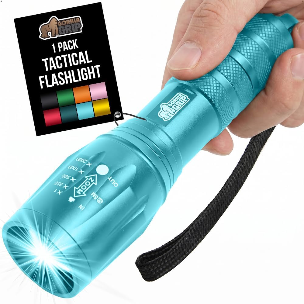 Gorilla Grip Linterna táctica LED pequeña y potente, ultrabrillante, 5 modos ajustables, alcance hasta 750 pies, impermeable, batería de larga duración, para campamento y automóvil
