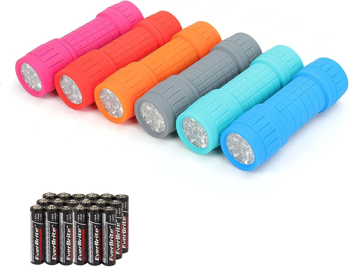 EverBrite Paquete de 6 linternas de mano de impacto con 9 LED, varios colores con cordón, batería 3AAA incluida (suministros para uracanes, camping, senderismo, emergencia, caza)