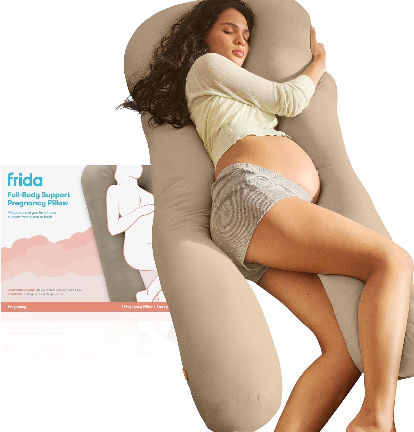 Frida Mom Almohada de embarazo con soporte de cuerpo completo, almohada refrescante para embarazo, envuelve alrededor para soporte completo, longitud extendida para apoyar de la ca