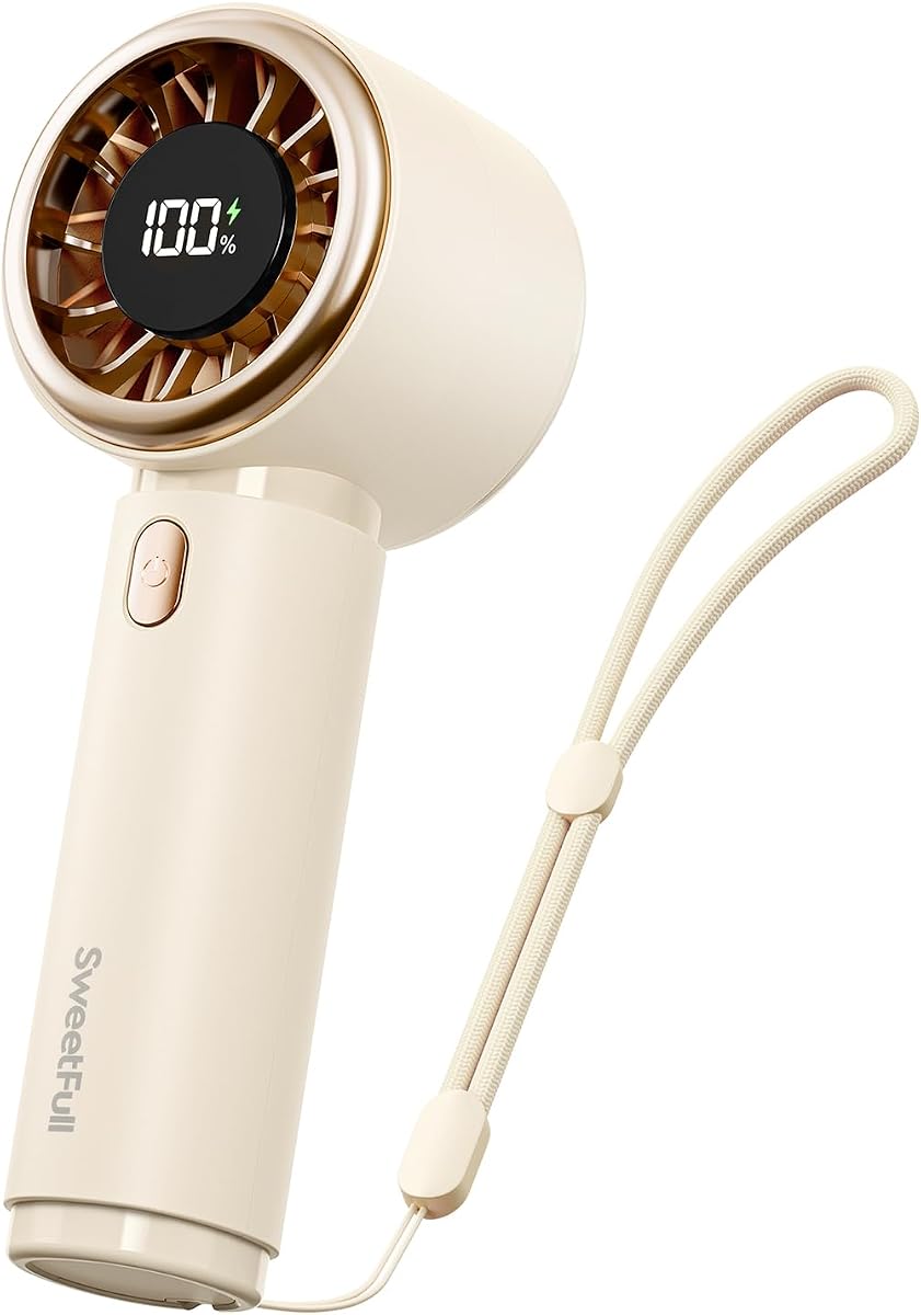 SWEETFULL Mini ventilador portátil, lindo ventilador de mano beige - Batería recargable, 5 velocidades, artículos esenciales de viaje personales para mujeres, niñas, niños, pestaña