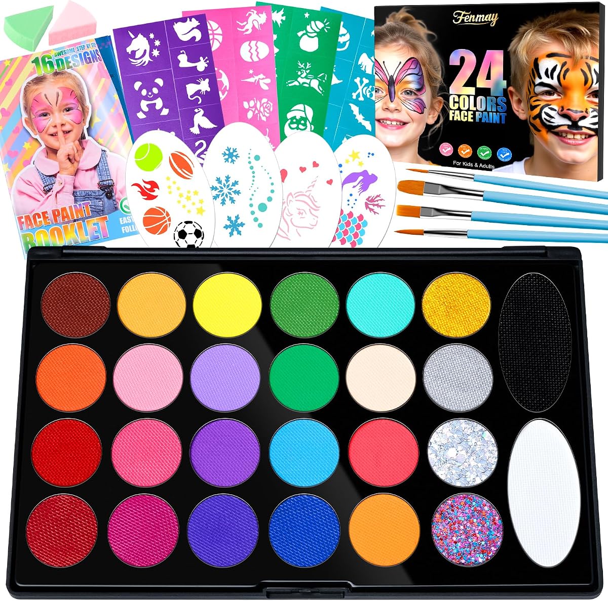 Fenmay Kit de pintura facial para niños, no tóxico e hipoalergénico con plantillas, libro, fácil de usar y seguro para niños, divertido para Halloween, fiesta de cumpleaños, evento