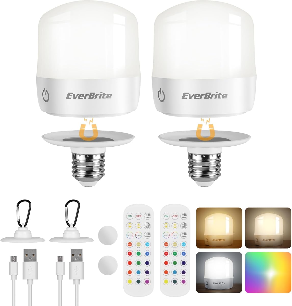 EverBrite E26 Bombillas recargables con control remoto y táctil, bombilla de respaldo de batería para apliques y lámparas, bombillas LED desmontables regulables para acampar con 12