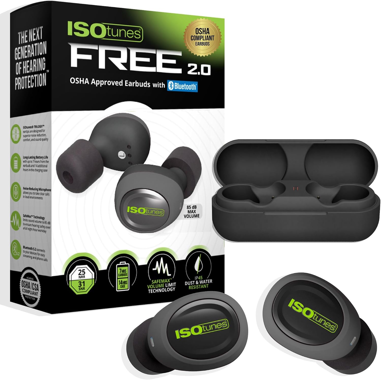 ISOtunes Free 2.0 Auriculares Bluetooth de Protección Auditiva - Auriculares de 25 dB NRR Aprobados por OSHA, Auriculares Bluetooth Inalámbricos Tipo Tapón para el Trabajo