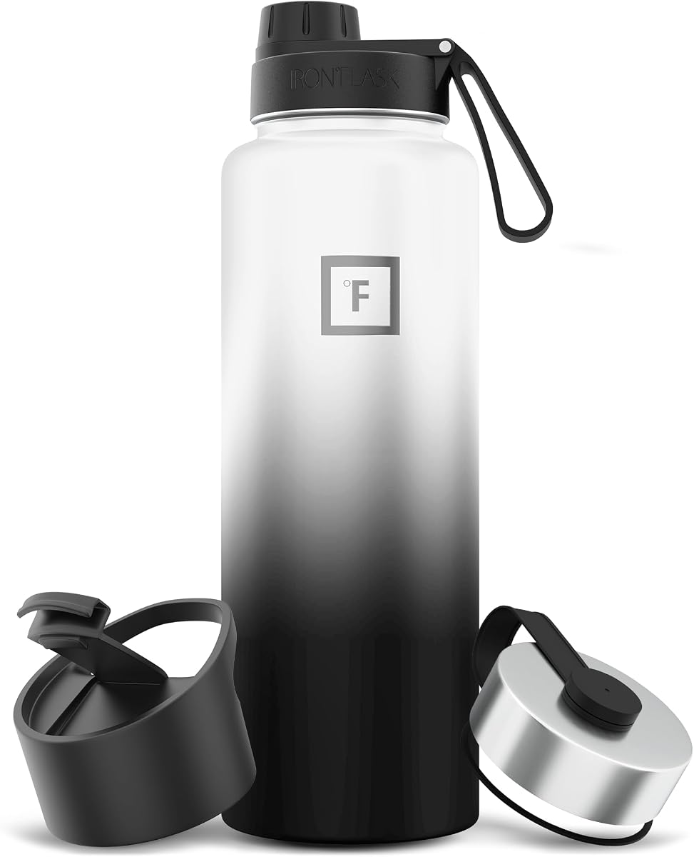 IRON °FLASK - Botella deportiva de 14, 18, 22, 32, 40, 64 o 128 onzas, 3 tapas (boquilla), acero inoxidable aislado al vacío, doble pared moderna, termo simple, hidrometal