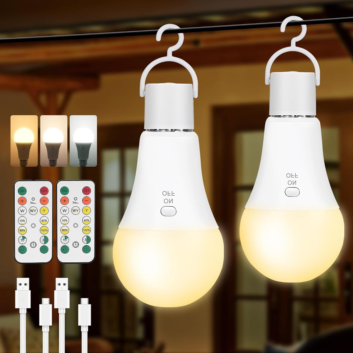 Paquete de 2 bombillas recargables, funciona con pilas, con control remoto, mantiene la iluminación durante un corte de energía, bombilla de batería inalámbrica de emergencia A19