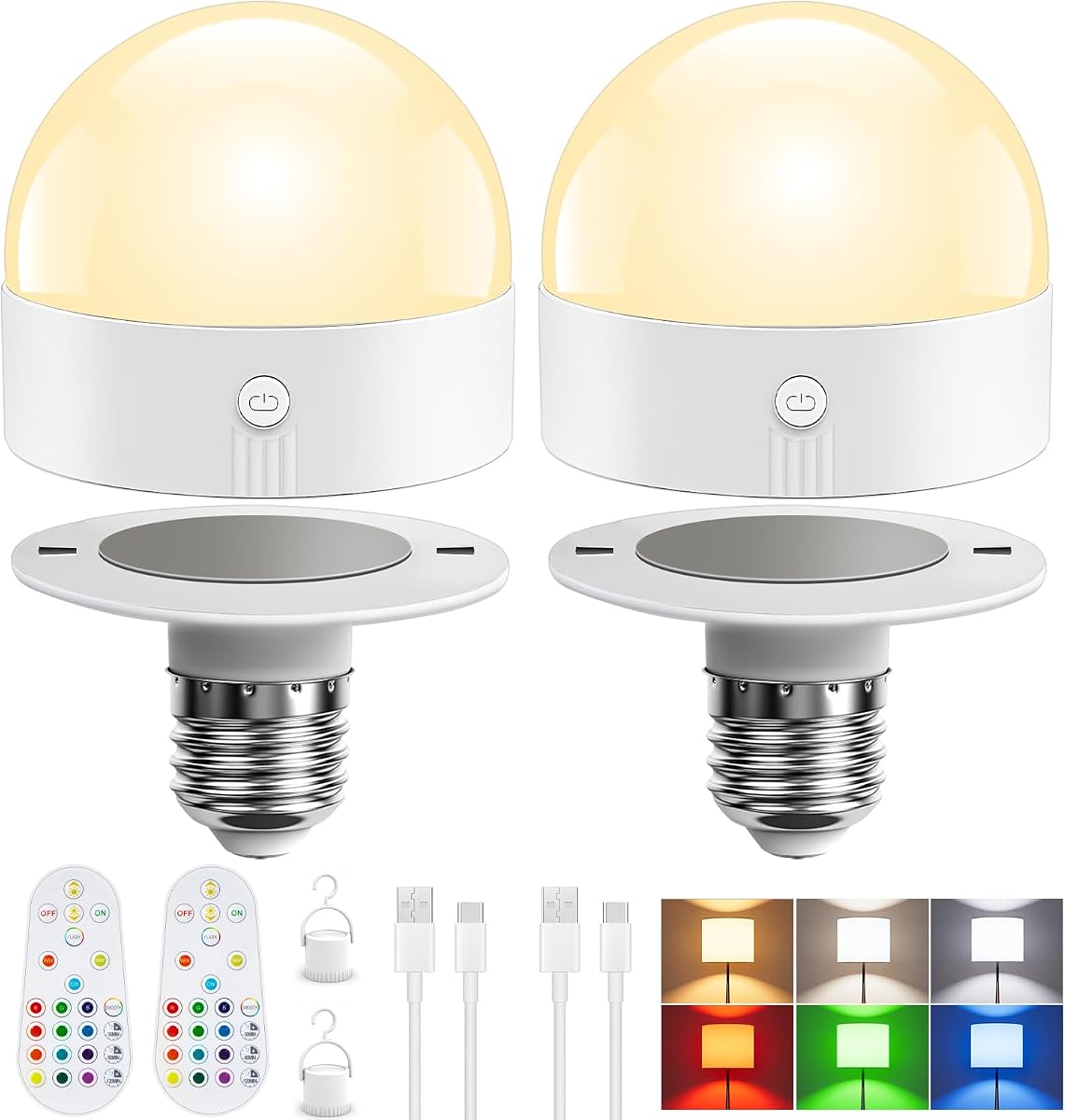 TJOY Bombilla recargable E26 con control remoto y temporizador, bombilla a pilas con 3 temperaturas de color y 15 colores RGB, bombilla LED inalámbrica regulable para lámparas.