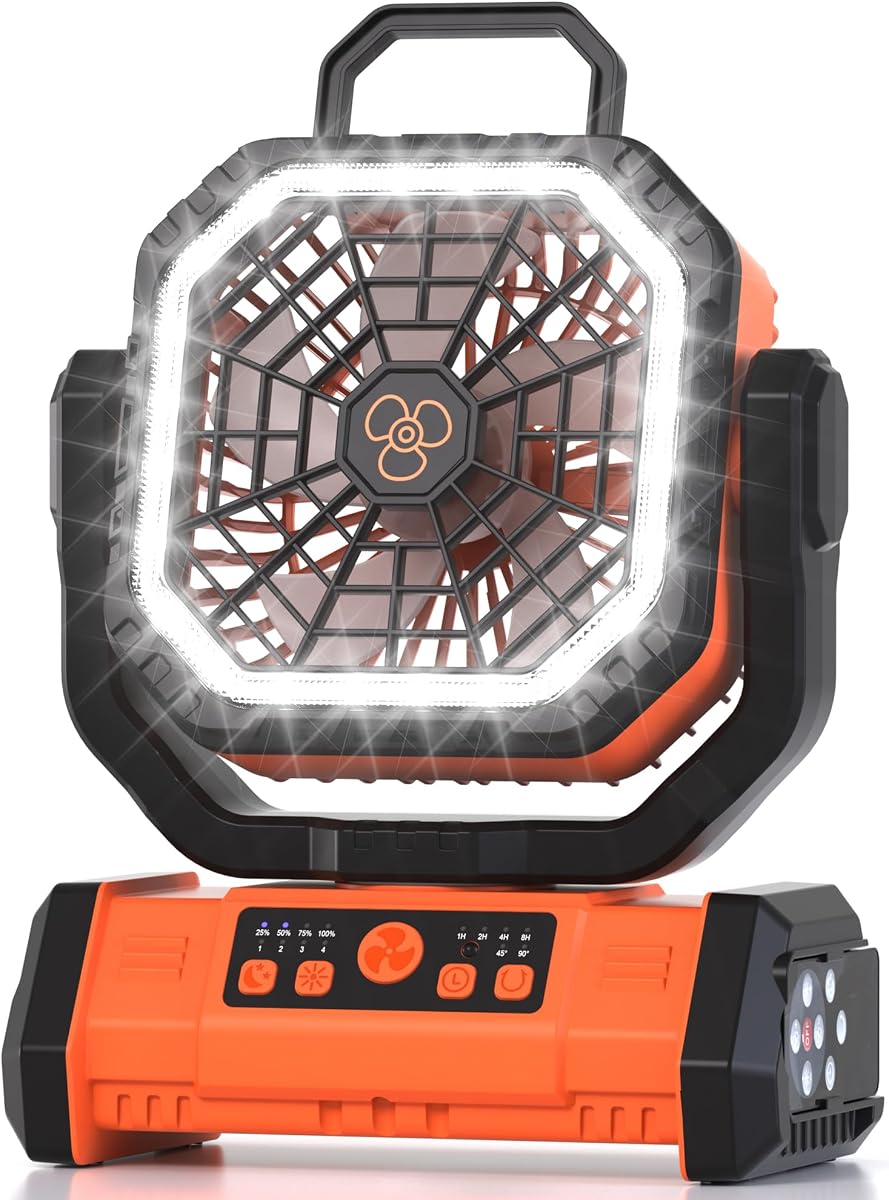Honesorn - Ventilador recargable portátil de 20000 mAh de 11 pulgadas, con control remoto de luz LED - Up to 60H Runtime, 45°/90°Oscillating, Hanging Hook, 4 Speeds, 8H Timer, USB-