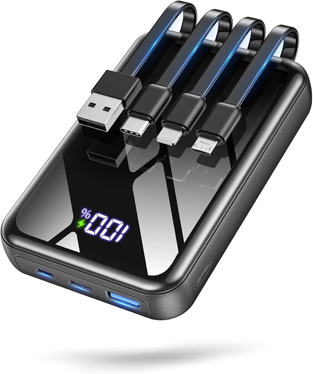 Cargador portátil de 50000 mAh, cargador portátil de carga rápida de 22.5 W con cables integrados, paquete de batería externa de 4 salidas, pantalla LED para iPhone, Android, iPad,