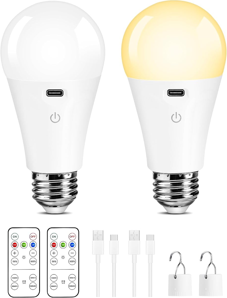Bombillas recargables E26 con control remoto, bombilla A19 a pilas para lámparas, regulable, 3 temperaturas de color, temporizador, bombillas inalámbricas de tamaño pequeño