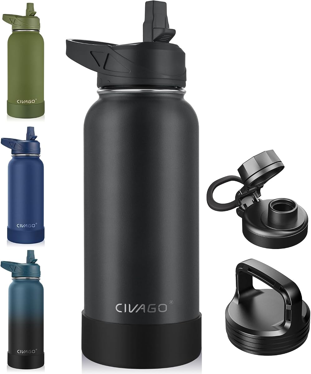 CIVAGO Botella de agua aislada de 32 onzas con pajilla, botella de agua deportiva de acero inoxidable con 3 tapas (pajilla, boquilla y tapa de asa), taza térmica de viaje de boca a