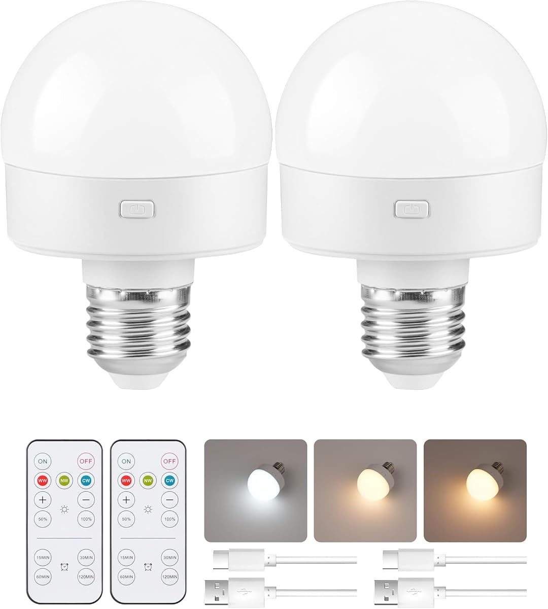 Bombillas Recargables con Control Remoto 2 Paquetes, Bombillas Operadas por Batería con Temporizador y 3 Temperaturas de Color, Bombilla LED Inalámbrica Desmontable
