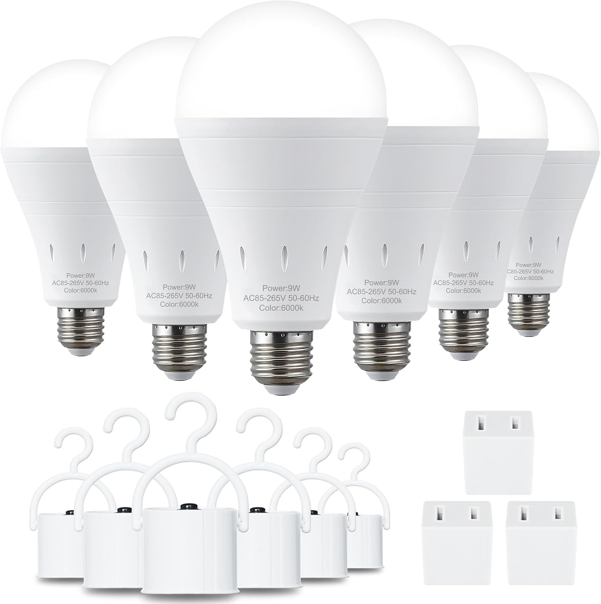 DEBAOBULB Paquete de 6 bombillas de emergencia recargables, funciona con pilas, bombilla LED de bajo consumo de energía de 6000 K, luz diurna E26, 120 voltios, 9 W, equivalente a 6