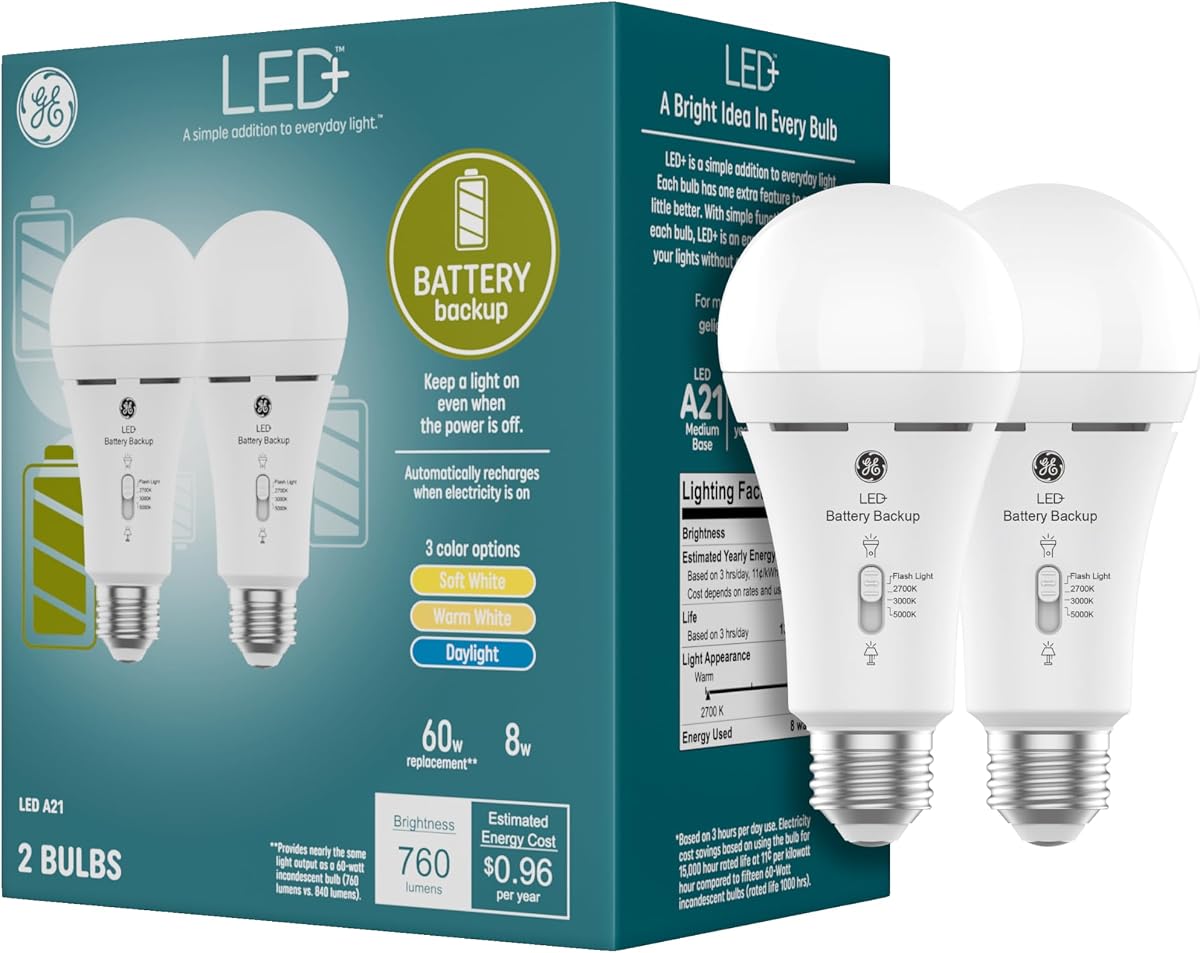 GE Focos LED con batería de respaldo, focos LED recargables A21 para cortes de energía y emergencias, linterna, 3 temperaturas de color (paquete de 2)
