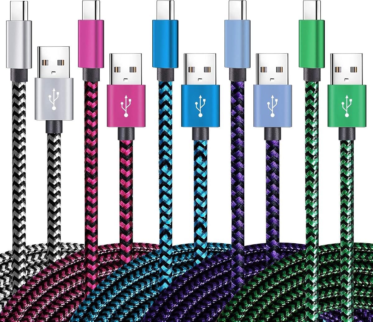 Teeind Cable USB tipo C de carga rápida, Tpc001, paquete de 5 (6 pies 3 A), cables de carga C trenzados compatibles con Samsung S10e/note 9/s10/s9/s8 Plus/A80/A50/A20