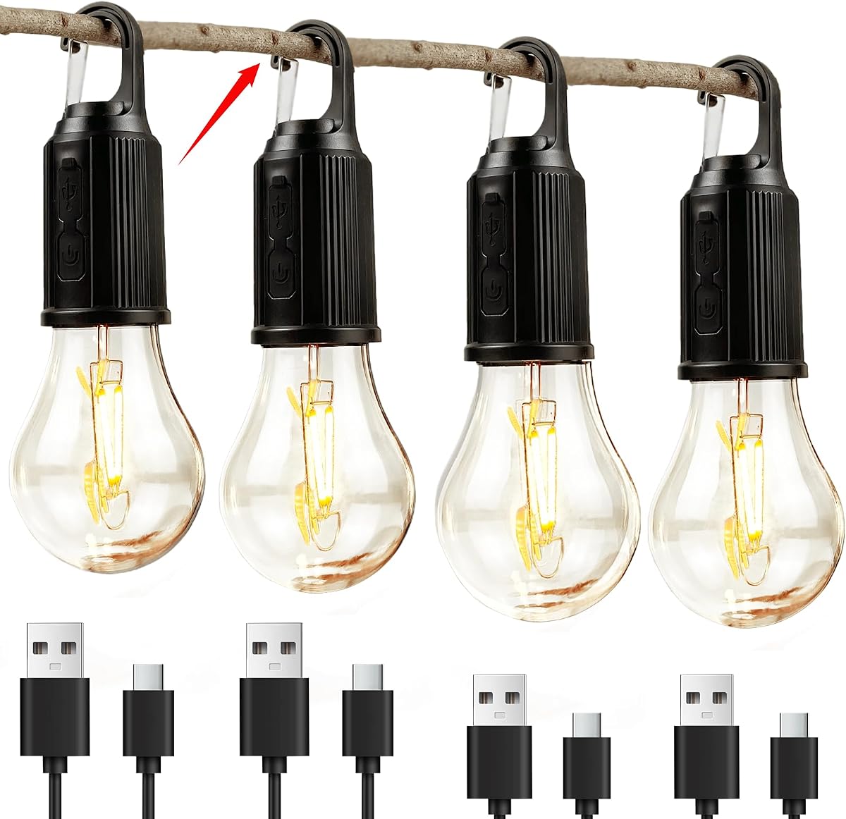 Paquete de 4 luces de camping recargables, bombilla para tienda de campaña colgante con gancho, función de temporizador, lámpara de tienda de 3 modos de iluminación para camping