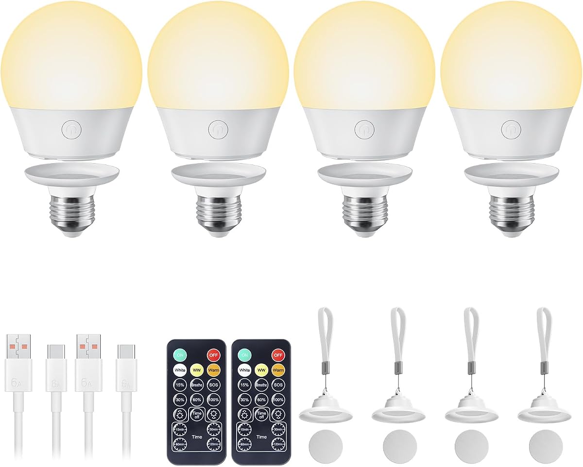 Bombilla recargable con control remoto y temporizador para aplique y lámpara, luz nocturna con batería de respaldo, E26 con carga desmontable, base magnética, 3 colores de iluminac