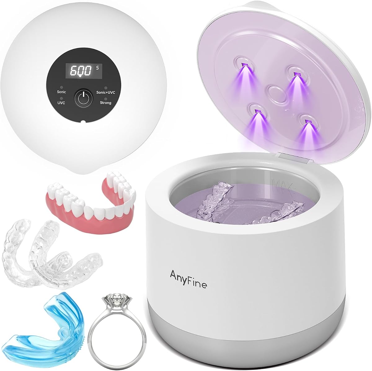 Máquina limpiadora ultrasónica avanzada para dentaduras, protectores bucales, frenillos, cabezales de cepillo de dientes, joyas, sistema de purificación trifásico de 45 kHz, 4 modo