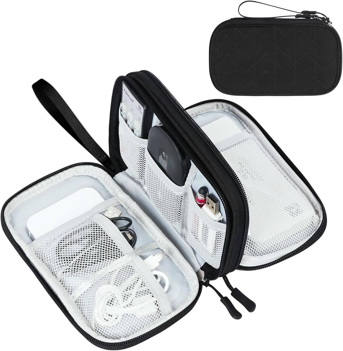FYY Organizador para accesorios electrónicos, para viajes, para cables, celular y cargadores, estuche portátil, impermeable, doble capa, bolsa de almacenaje todo en uno, negro con