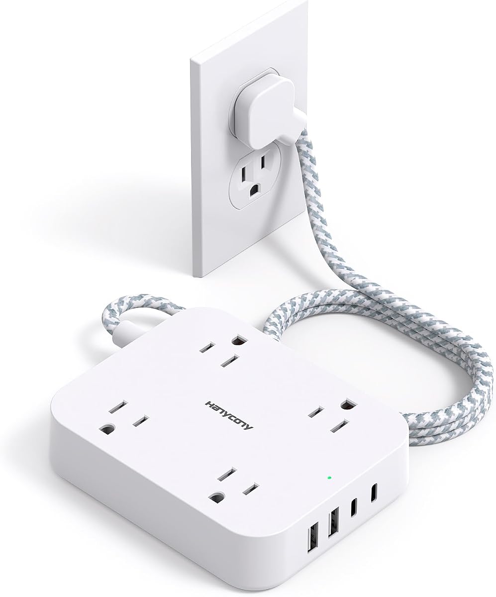 Cable de Extensión con Enchufe Plano, HANYCONY Regleta de 5 pies con 4 Puertos USB (2 USB C), Extensor de 4 Tomas Amplias, Montaje en Pared, Estación de Carga de Escritorio para Of