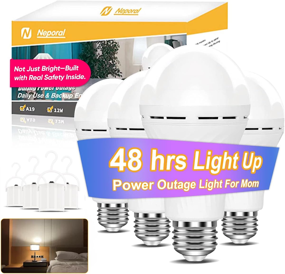 Neporal LITE - Bombillas recargables de emergencia A19, luz de hasta 48 horas, bombilla a pilas, bombilla LED E26 de 5000 K, luces de emergencia para fallos de energía en el hogar