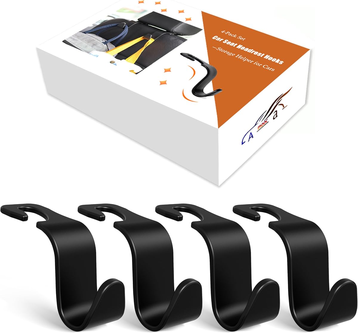 Amooca - Gancho para reposacabezas de asiento de coche, 4 unidades, organizador de almacenamiento universal para bolso de mano, abrigo, ajuste universal para vehículo, color negro