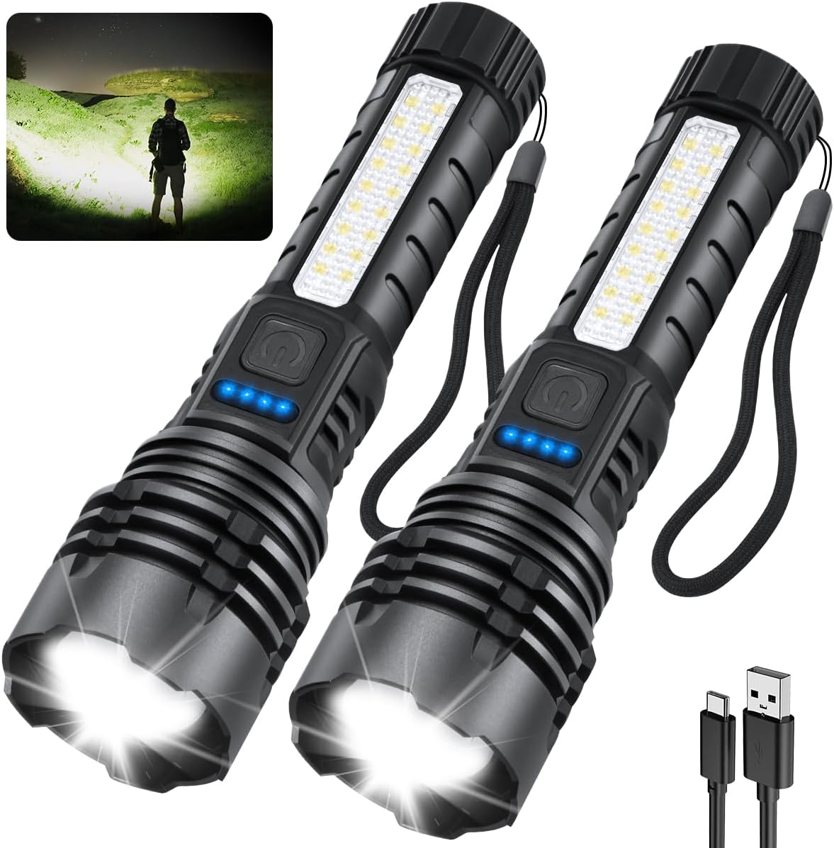 Linternas Recargables de Alto Lúmenes, 7Modo Super Brillante para Acampar, Luz Táctil Ajustable de Alta Potencia, Linternas LED para Emergencias en el Hogar, Regalos de Navidad y R